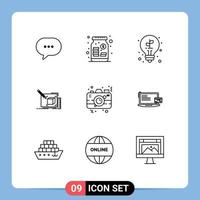 Universal Icon Symbols Group of 9 Modern Outlines of camera line bulb sketch drawing Editable Vector Design Elements