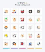 gestión creativa de productos 25 paquete de iconos planos como producto. opciones configuración. mejoramiento. sistema vector