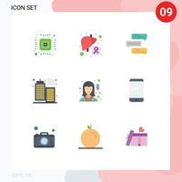 Mobile Interface Flat Color Set of 9 Pictograms of female internet chat infrastructure talks Editable Vector Design Elements