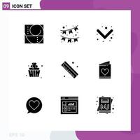 Modern Set of 9 Solid Glyphs and symbols such as card ruler down measure soft serve Editable Vector Design Elements