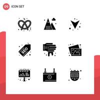 Pack of 9 Modern Solid Glyphs Signs and Symbols for Web Print Media such as spa hand arrow seo tag Editable Vector Design Elements