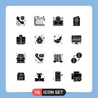 Mobile Interface Solid Glyph Set of 16 Pictograms of passport globe economics card ticket Editable Vector Design Elements