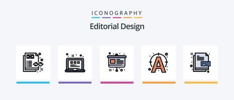 la línea de diseño editorial llenó el paquete de 5 íconos que incluye la lente de la cámara. conectar. Lista de Verificación. escribe. editar. diseño de iconos creativos vector