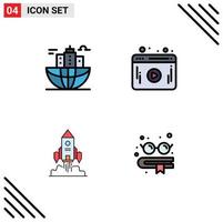 Mobile Interface Filledline Flat Color Set of 4 Pictograms of building spaceship global web launch Editable Vector Design Elements