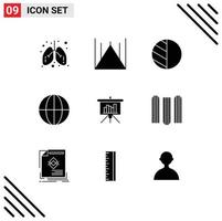 Group of 9 Solid Glyphs Signs and Symbols for report blackboard editing presentation globe Editable Vector Design Elements