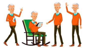 Old Man Poses Set Vector. Asian, Chinese, Japanese. Elderly People. Senior Person. Aged. Friendly Grandparent. Banner, Flyer, Brochure Design. Isolated Cartoon Illustration
