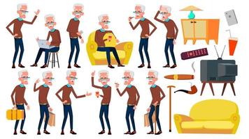 Old Man Poses Set Vector. Elderly People. Senior Person. Aged. Caucasian Retiree. Smile. Web, Poster, Booklet Design. Isolated Cartoon Illustration vector