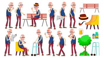 Old Man Poses Set Vector. Elderly People. Senior Person. Aged. Friendly Grandparent. Banner, Flyer, Brochure Design. Isolated Cartoon Illustration vector