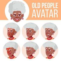 Old Woman Avatar Set Vector. Black. Afro American. Face Emotions. Senior Person Portrait. Elderly People. Aged. User, Character. Cheer, Pretty. Cartoon Head Illustration vector