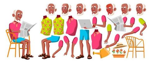 Old Man Vector. Black. Afro American. Senior Person Portrait. Elderly People. Aged. Animation Creation Set. Face Emotions, Gestures. Positive Pensioner. Advertising. Animated. Cartoon Illustration