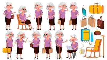 Old Woman Poses Set Vector. Elderly People. Senior Person. Aged. Friendly Grandparent. Web, Poster, Booklet Design. Isolated Cartoon Illustration vector