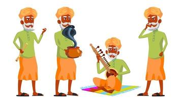 Indian Old Man Poses Set Vector. Hindu. Asian. Elderly People. Senior Person. Aged. Snake Cobra Dance. Web, Brochure, Poster Design. Isolated Cartoon Illustration