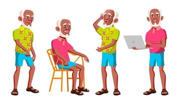 Old Man Poses Set Vector. Black. Afro American. Elderly People. Senior Person. Aged. Active Grandparent. Joy. Web, Brochure, Poster Design. Isolated Cartoon Illustration vector