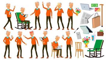 Old Man Poses Set Vector. Asian. Elderly People. Senior Person. Aged. Positive Pensioner. Advertising, Placard, Print Design. Isolated Cartoon Illustration vector