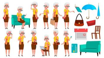Old Woman Poses Set Vector. Elderly People. Senior Person. Aged. Comic Pensioner. Lifestyle. Postcard, Cover, Placard Design. Isolated Cartoon Illustration vector