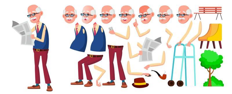 Old Man Vector. Senior Person Portrait. Elderly People. Aged. Animation Creation Set. Face Emotions, Gestures. Funny Pensioner. Leisure. Announcement. Animated. Isolated Cartoon Illustration