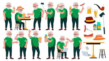 Old Man Poses Set Vector. Elderly People. Senior Person. Aged. Cute Retiree. Activity. Advertisement, Greeting, Announcement Design. Isolated Cartoon Illustration vector