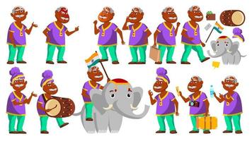 Indian Old Man Poses Set Vector. Elderly People. Hindu In Turban. Senior Person. Aged. Traditional Festival, Parade. Elephant. Activity. Advertisement, Greeting, Announcement Design. Illustration vector
