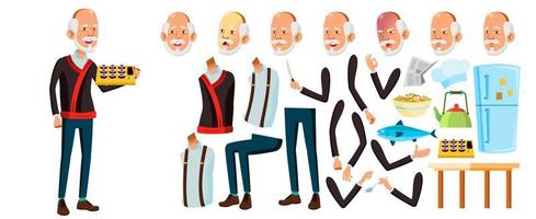 Asian Old Man Vector. Senior Person Portrait. Elderly People. Aged. Animation Creation Set. Face Emotions, Gestures. Funny Pensioner. Leisure. Cover Design. Animated. Isolated Cartoon Illustration vector