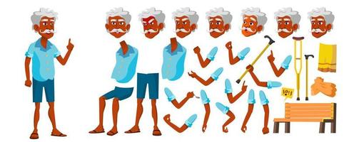 Indian Old Man Vector. Senior Person Portrait. Elderly People. Aged. Animation Creation Set. Face Emotions, Gestures. Hindu. Asian. Lifestyle. Advertising. Animated. Isolated Cartoon Illustration
