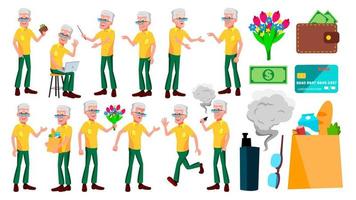 Old Man Poses Set Vector. Elderly People. Senior Person. Aged. Funny Pensioner. Leisure. Postcard, Announcement, Cover Design. Isolated Cartoon Illustration vector