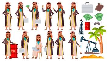 Arab, Muslim Old Man Poses Set Vector. Elderly People. Oil Production, Sheikh, Businessman. Senior Person. Aged. Smile. Web, Poster, Booklet Design. Isolated Cartoon Illustration vector