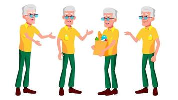 Old Man Poses Set Vector. Elderly People. Senior Person. Aged. Beautiful Retiree. Life. Presentation, Print, Invitation Design. Isolated Cartoon Illustration vector