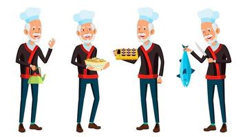 Asian Old Man Poses Set Vector. Elderly Chef In Restaurant. Rolls, Fish. Senior Person. Aged. Funny Announcement, Cover Design. Isolated Cartoon Illustration