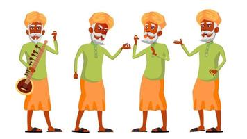 Indian Old Man Poses Set Vector. Hindu. Asian. Elderly People. Senior Person. Aged. Lifestyle. Postcard, Cover, Placard Design. Isolated Cartoon Illustration vector
