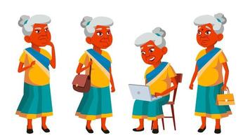 Indian Old Woman Poses Set Vector. Elderly People. Senior Person. Aged. Friendly Grandparent. Banner, Flyer, Brochure Design. Isolated Cartoon Illustration vector