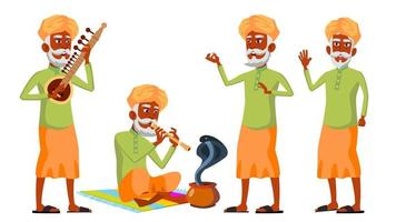 Indian Old Man Poses Set Vector. Hindu. Asian. Elderly People. Senior Person. Aged. Snake Cobra Dance. Advertisement, Greeting, Announcement Design. Isolated Cartoon Illustration vector