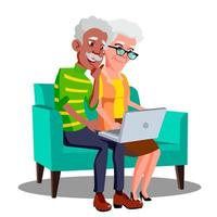 Multi Ethnic Couple Sitting On The Couch With Cup And Laptop Vector. Isolated Illustration vector