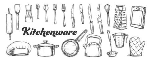 Kitchenware Utensils Collection Ink Set Vector