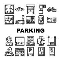 estacionamiento, transporte, colección, iconos, conjunto, vector
