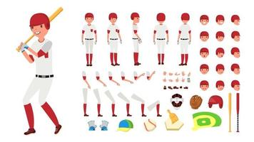 vector de jugador de béisbol. conjunto de creación de personajes animados. herramientas y equipos de pelota de base americana. longitud completa, vista frontal, lateral, trasera, accesorios, poses, emociones faciales, gestos. caricatura plana aislada