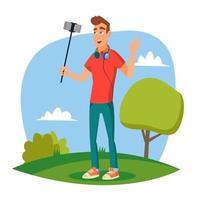 Video Blogger Vector. Modern Blogger Recording Video Blog, Vlog. Blogger Shoots Video. Cartoon Character Illustration vector