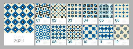 Calendar template for 2024. Vertical design with bright colorful retro geometric ornaments. Editable illustration page template A4, A3, set of 12 months with cover. Vector mesh. Week starts on Monday.