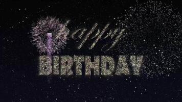 texte de salutation de célébration de joyeux anniversaire avec des particules et des étincelles sur le ciel nocturne noir avec des feux d'artifice colorés au ralenti sur fond, belle conception magique de typographie video