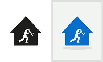 diseño del logotipo del jugador de críquet. logotipo de la casa con vector de concepto de jugador de críquet. equipo de cricket y diseño de logotipo de casa