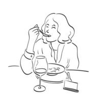 mujer de primer plano comiendo comida en el restaurante ilustración vector dibujado a mano aislado en el arte de línea de fondo blanco.