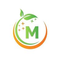 House Cleaning Logo On Letter M With Water Splash And Leaf Concept. Maid Logo Leaf Icon and Water Drop Template vector