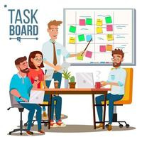 Business Characters Team Work Vector. Planning Team Work At The Scrum Board. IT Startup. Isolated Flat Cartoon Illustration vector