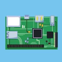 Ilustración de vector de dispositivo de computadora de tecnología de placa de base de circuito verde aislado sobre fondo azul. dibujo de componentes del dispositivo con estilo de arte plano simple de dibujos animados.