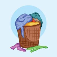 Overflowing clothes in laundry basket vector illustration isolated on plain light blue background. House work chores themed drawing with cartoon flat art colored style.