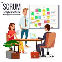 Business Characters Scrum Team Work Vector. Teamwork Scheme Planning On Whiteboard. Team Room Full Of Tasks On Sticky Note Cards. Isolated Flat Cartoon Illustration vector