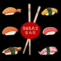 banner de concepto de barra de sushi con colección de sushi nigiri y palillos. cartel cuadrado con fondo oscuro. vector