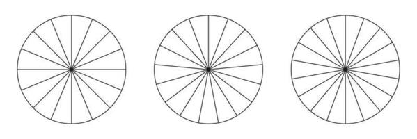 Pie chart, diagram set. Simple business chart. Sixteen, seventeen and eighteen sections or steps. Circle icons for infographic, presentation, web design, user interface.