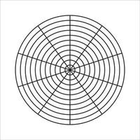 Polar grid of 10 segments and 10 concentric circles. Circle diagram of lifestyle balance. Wheel of life template. Vector blank polar graph paper. Coaching tool.