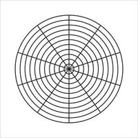 cuadrícula polar de 10 segmentos y 10 círculos concéntricos. diagrama circular del equilibrio del estilo de vida. plantilla de la rueda de la vida. papel cuadriculado polar en blanco vectorial. herramienta de entrenamiento. vector