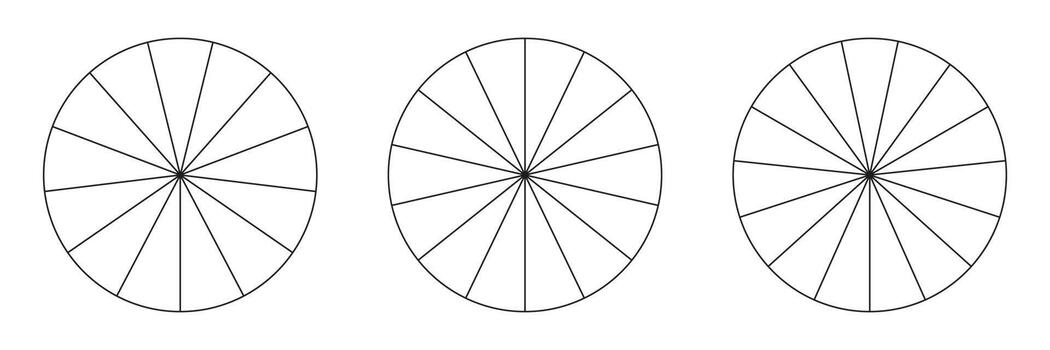 colección de gráficos segmentados aislada en un fondo blanco. Muchos números de sectores dividen el círculo en partes iguales. delinear gráficos vectoriales delgados negros. conjunto de gráficos circulares. vector